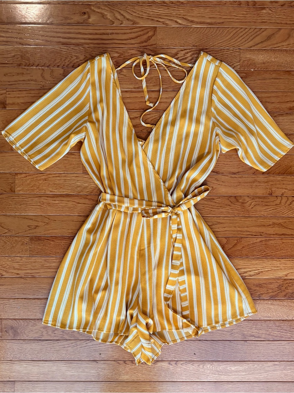Altar’d State Yellow & White Stripe Tie Romper